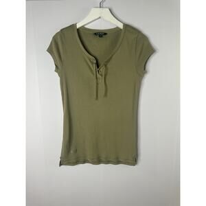 Ralph Lauren Y2K Lace Up Top Women's M Green Ribbed Cap Sleeve Country